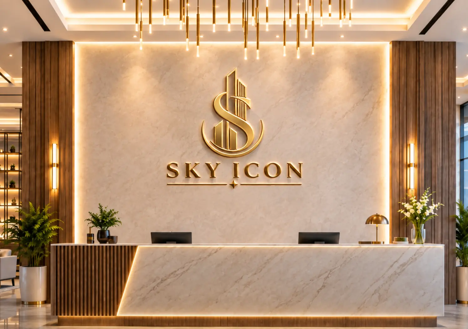 Sky Icon double-height reception lobby with warm stone and front concierge desk
