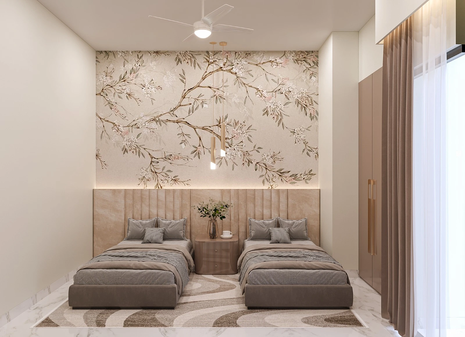 Sky Icon twin-sharing bedroom arrangement with custom acoustic headboards and linen