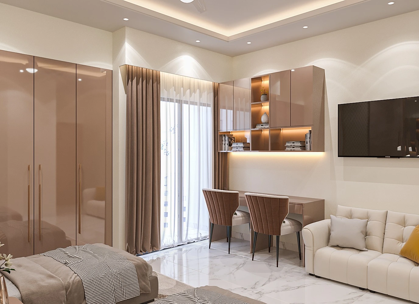 Sky Icon bedroom suite featuring private TV, study workstation, and warm timber shelving