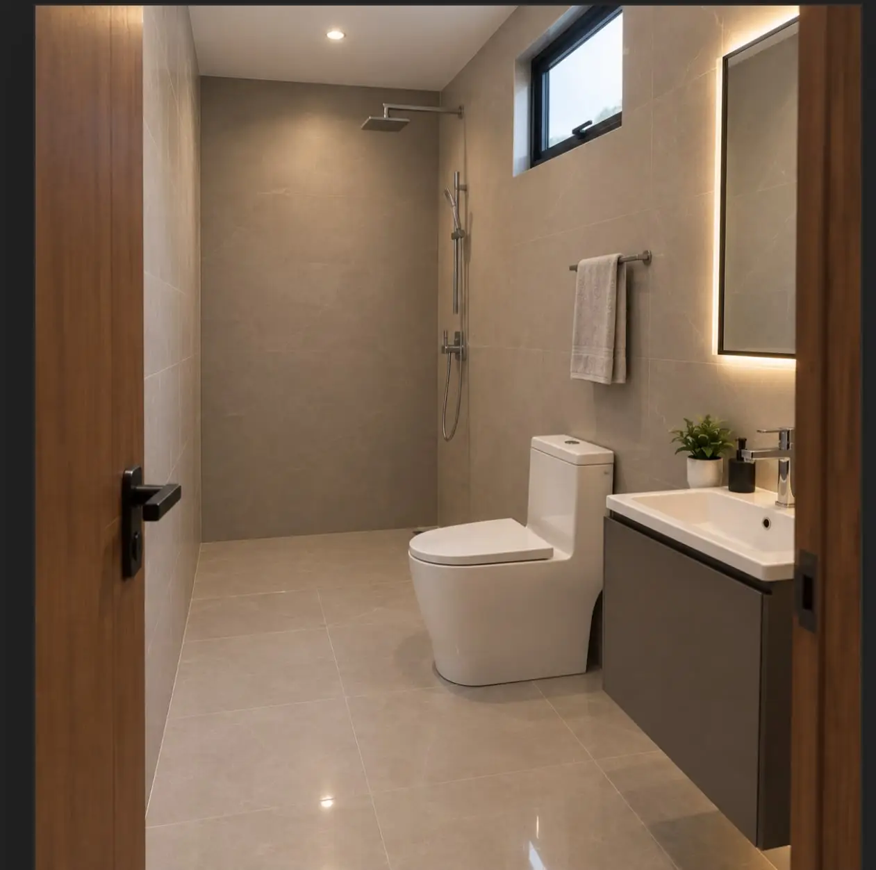 Sky Icon contemporary tiled en-suite washroom with hot shower and vanity mirror